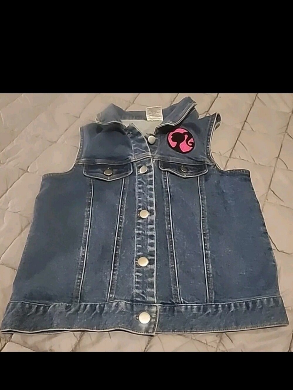 Girls' Dark Blue Denim Vest with Pink Barbie  Patches